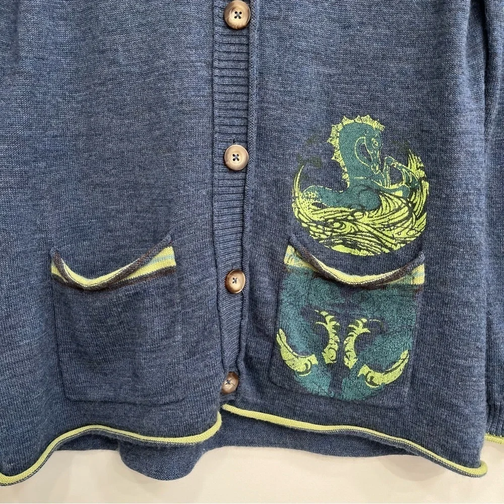 Vintage Y2K Title Nine 100% Washable Wool Cardigan Sweater Blue Horse Print L